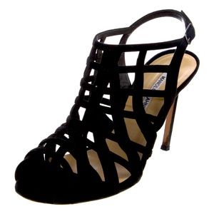 MANOLO BLAHNIK Dance 2 Black Suede Caged Slingback Heels